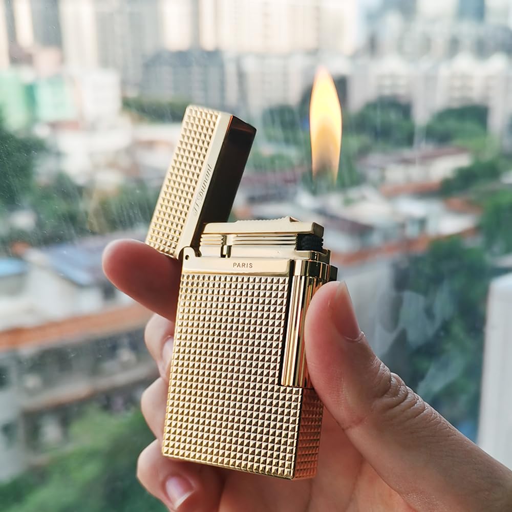 Classic Diamond Head Lighter, Ligne 2 Lighters, Adjustable Soft Flame, Ping Sound, Gift for Men Dad Boyfriend (Gold Single Flame)
