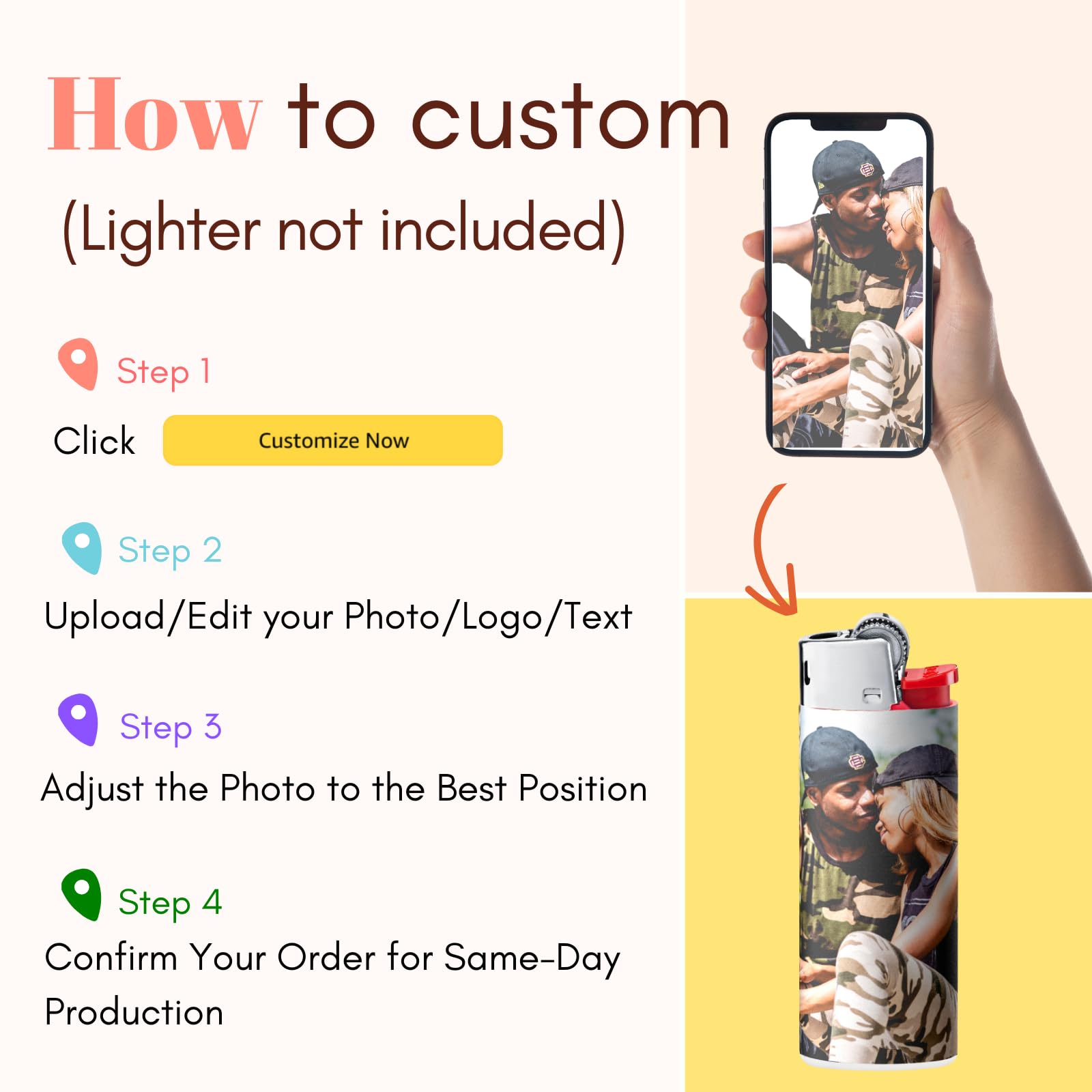 Custom Lighter Stickers with Own Pictures, Personalize Lighters PVC Film Wraps Reusable up to 3 Times - 4 Pack Upload 4 Photos Suitable for Bic Pocket Lighter Ideal for Gifts(Lighter Not Included)