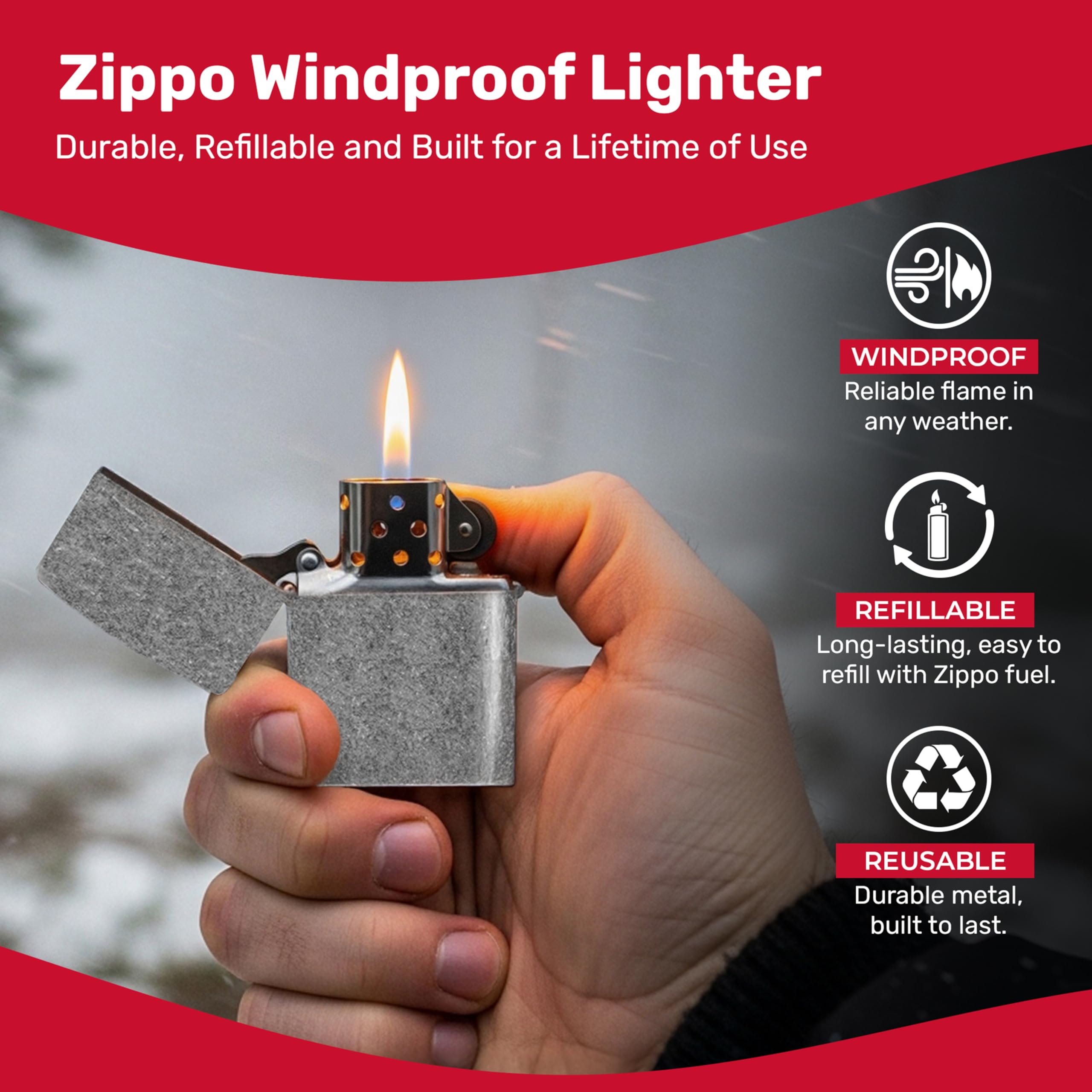 Zippo Classic Brushed Chrome Pocket Lighter - Windproof & Refillable Flip-Top Metal Lighter - Everyday Use Pocket Lighters - Luxury Lighters Made in USA